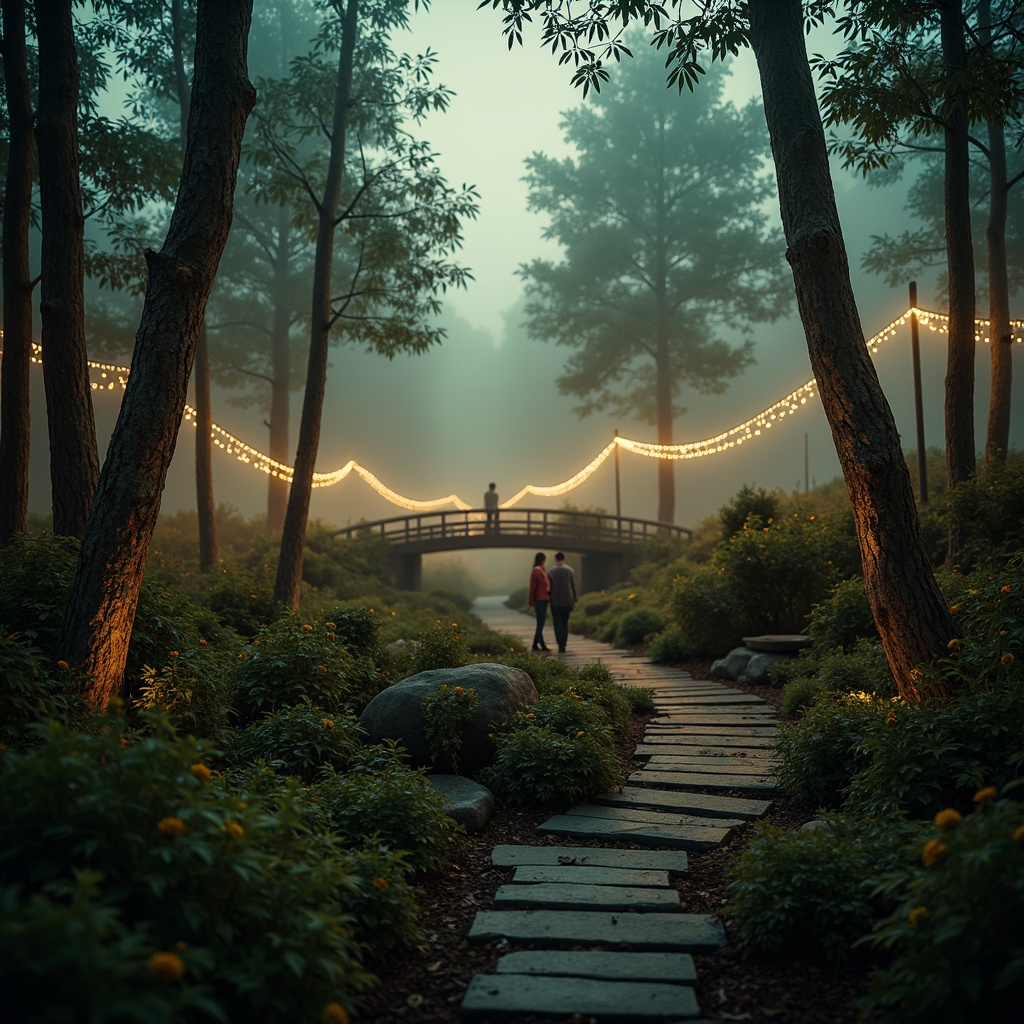 Prompt: Mystical forest, twinkling fireflies, soft foggy mist, warm golden lighting, subtle color grading, misty atmosphere, eerie silence, ancient trees, overgrown vegetation, rustic wooden bridges, winding stone paths, lantern-like luminescence, ethereal ambiance, shallow depth of field, 1/2 composition, cinematic mood, realistic textures, ambient occlusion.