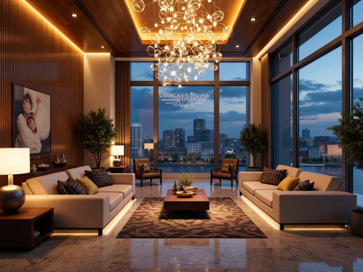 Prompt: Luxurious modern living room, sleek minimalist decor, warm ambient lighting, LED strip lights, floor-to-ceiling windows, cityscape views, polished marble floors, comfortable sofas, geometric-patterned rugs, metallic accents, subtle color transitions, soft glowing orbs, pendant lamps, adjustable brightness, cozy reading nooks, rich wood tones, sophisticated chandeliers, dynamic light installations, futuristic aesthetic, high-contrast shadows, shallow depth of field, 1/2 composition, warm color temperature, realistic reflections.