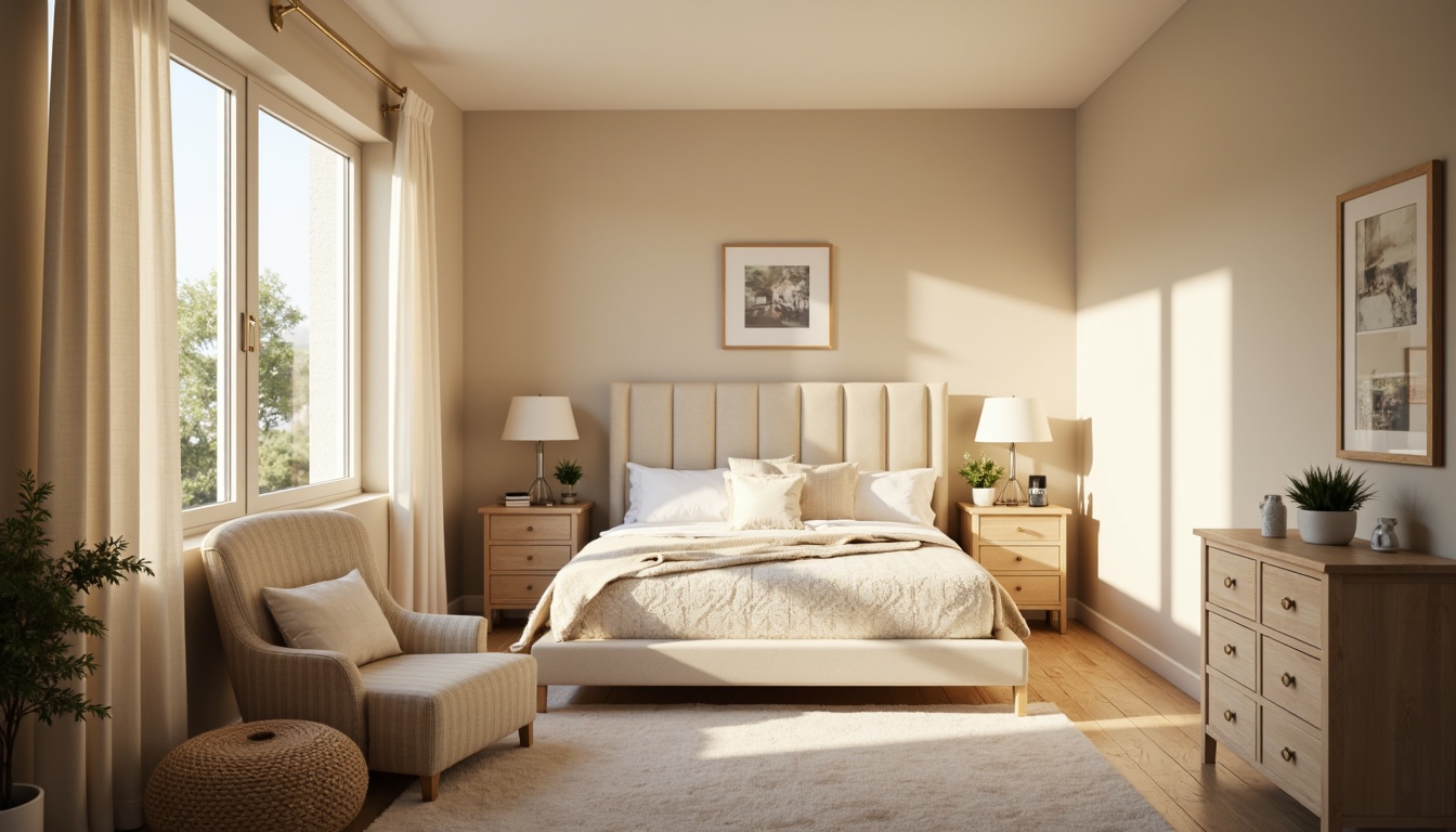 Prompt: Cozy bedroom, soft warm lighting, calming atmosphere, pastel color scheme, gentle beige walls, creamy white furniture, plush area rug, velvety textures, minimalist decor, serene ambiance, natural wood accents, subtle patterned bedding, soothing blue hues, relaxing green tones, earthy brown shades, warm golden light, shallow depth of field, 1/1 composition, intimate mood.