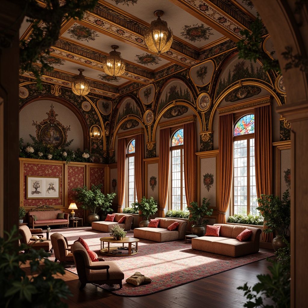 Prompt: Intricate floral patterns, sinuous lines, flowing curves, luxurious fabrics, ornate furnishings, lavish decorations, elegant chandeliers, stained glass windows, rich wood paneling, velvet drapes, gilded accents, sculpted plasterwork, whimsical metalwork, organic forms, botanical motifs, soft warm lighting, shallow depth of field, 1/2 composition, intimate atmosphere, realistic textures, ambient occlusion.