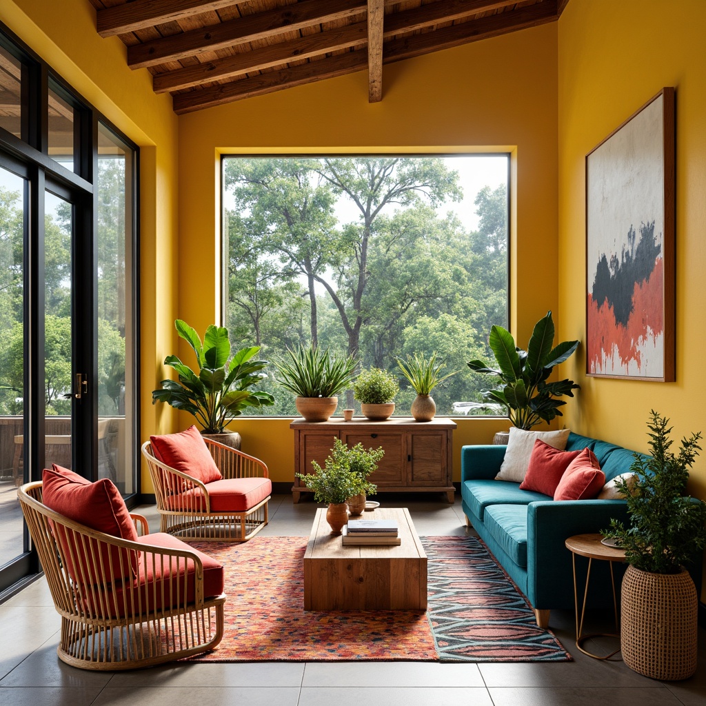 Prompt: Vibrant sunroom, expressionist color palette, eclectic furniture mix, natural wicker chairs, plush velvet sofas, reclaimed wood coffee tables, woven rattan planters, abstract geometric patterns, bold brushstroke art pieces, oversized windows, sliding glass doors, lush greenery views, warm sunlight filtering, soft diffused lighting, 1/1 composition, shallow depth of field, realistic textures, ambient occlusion.