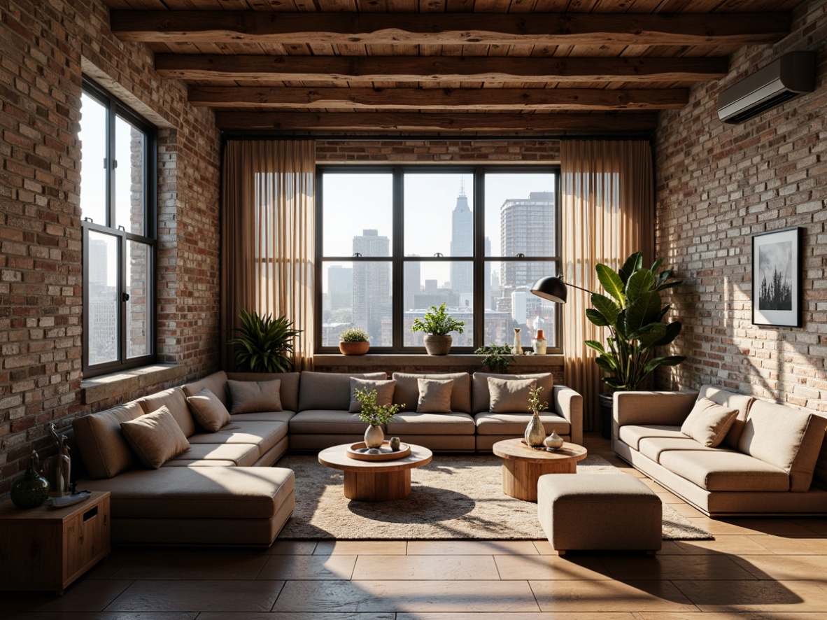 Prompt: Rustic loft interior, exposed wooden beams, reclaimed wood accents, earthy color palette, natural stone walls, industrial metal lighting, distressed wooden floors, cozy reading nooks, plush sectional sofas, vintage decorative items, urban cityscape views, large industrial windows, soft warm lighting, shallow depth of field, 2/3 composition, realistic textures, ambient occlusion.