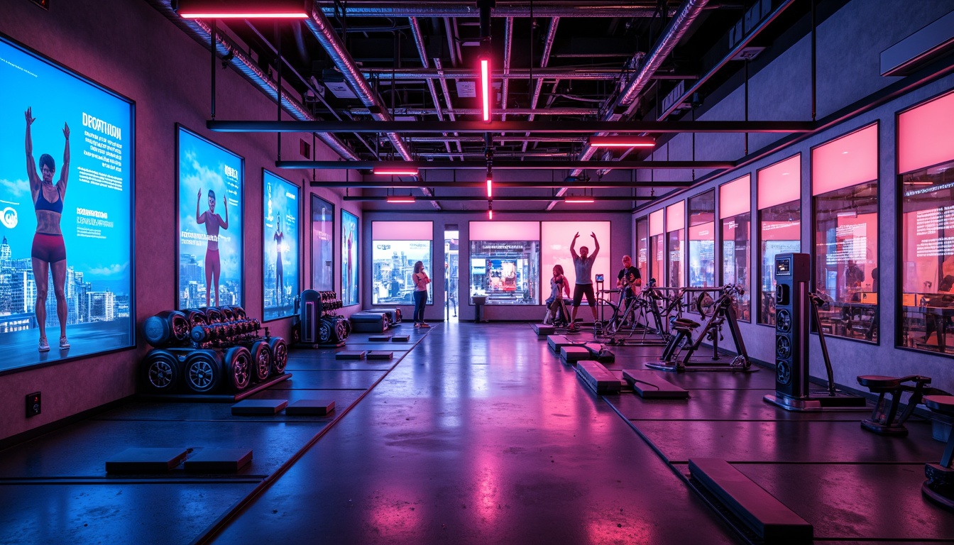 Prompt: Futuristic gym interior, neon-lit ambiance, sleek metal framework, glowing LED lights, iridescent color scheme, holographic displays, virtual fitness instructors, augmented reality mirrors, high-tech exercise equipment, robotic personal trainers, futuristic sound system, immersive audio experience, dynamic shadow lighting, 3/4 composition, shallow depth of field, panoramic view, realistic textures, ambient occlusion.