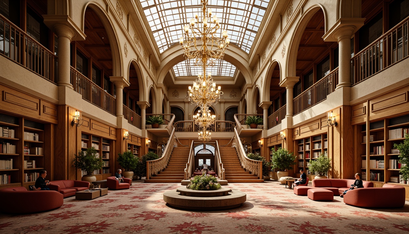 Prompt: Grand library, opulent chandeliers, richly patterned rugs, ornate wooden paneling, intricate moldings, lavish furnishings, majestic staircases, sweeping archways, stunning stained glass ceilings, dramatic drapery, luxurious velvet fabrics, bold geometric shapes, metallic accents, lavish gold leafing, warm beige tones, soft warm lighting, shallow depth of field, 3/4 composition, symmetrical balance, ornate details, realistic textures, ambient occlusion.