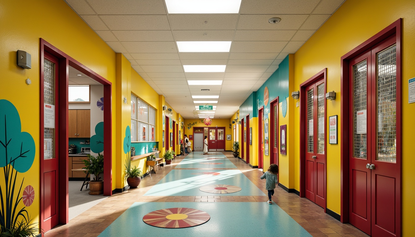 Prompt: Vibrant elementary school, Art Deco style, bright yellow walls, turquoise accents, bold red doors, geometric patterns, ornate metalwork, colorful tile mosaics, playful murals, lively hallways, natural light, warm wood tones, creamy white trim, decorative ceiling details, stylized typography, cheerful atmosphere, softbox lighting, 1/2 composition, symmetrical framing, highly saturated colors, intricate textures.