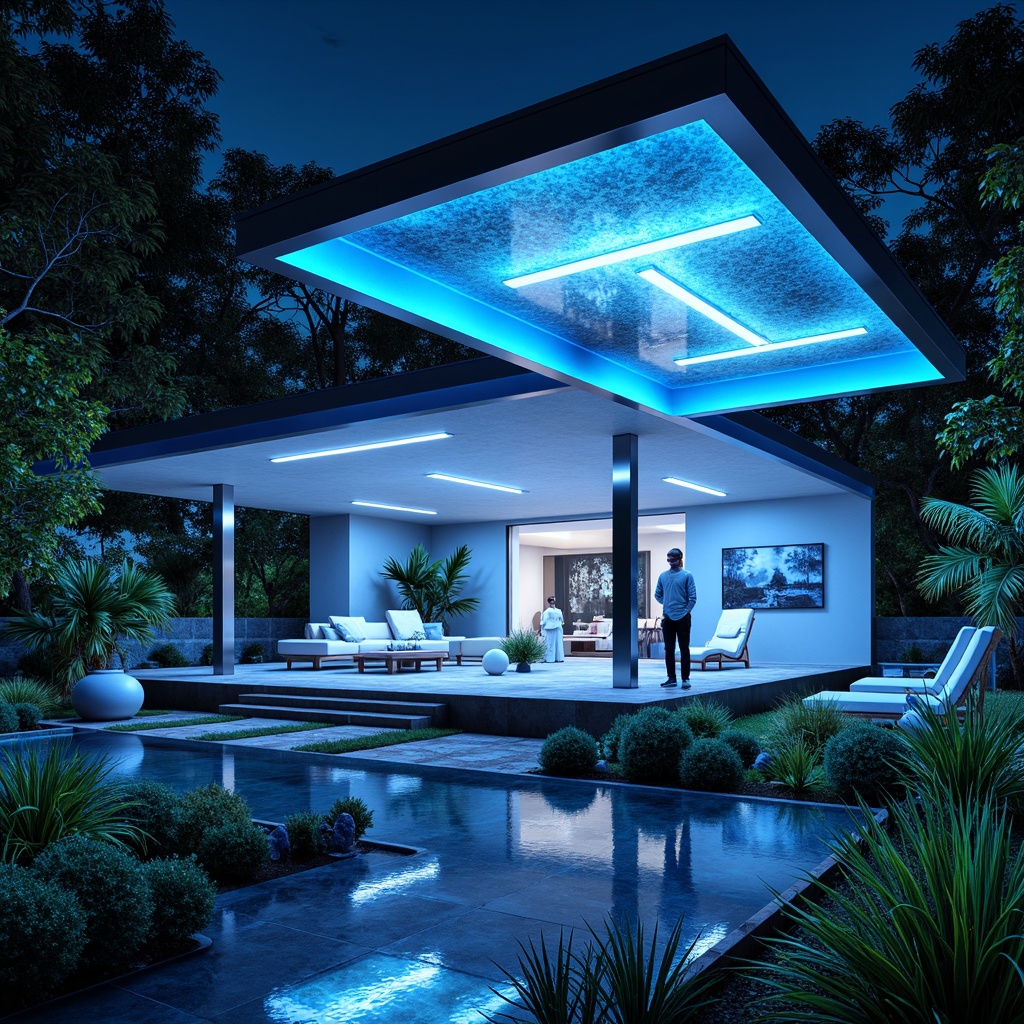 Prompt: Futuristic villa, sleek metal accents, minimalist design, angular lines, LED strip lighting, neon-lit ceilings, floor-to-ceiling windows, smart glass technology, ambient glow, soft luminescent tones, retro-futuristic sconces, orb-shaped pendant lights, holographic chandeliers, fiber-optic installations, iridescent colors, shimmering textiles, reflective surfaces, glossy finishes, modernist furniture, avant-garde decor, futuristic landscaping, neon-lit pathways, glowing plants, electric blue hues, cyberpunk ambiance.