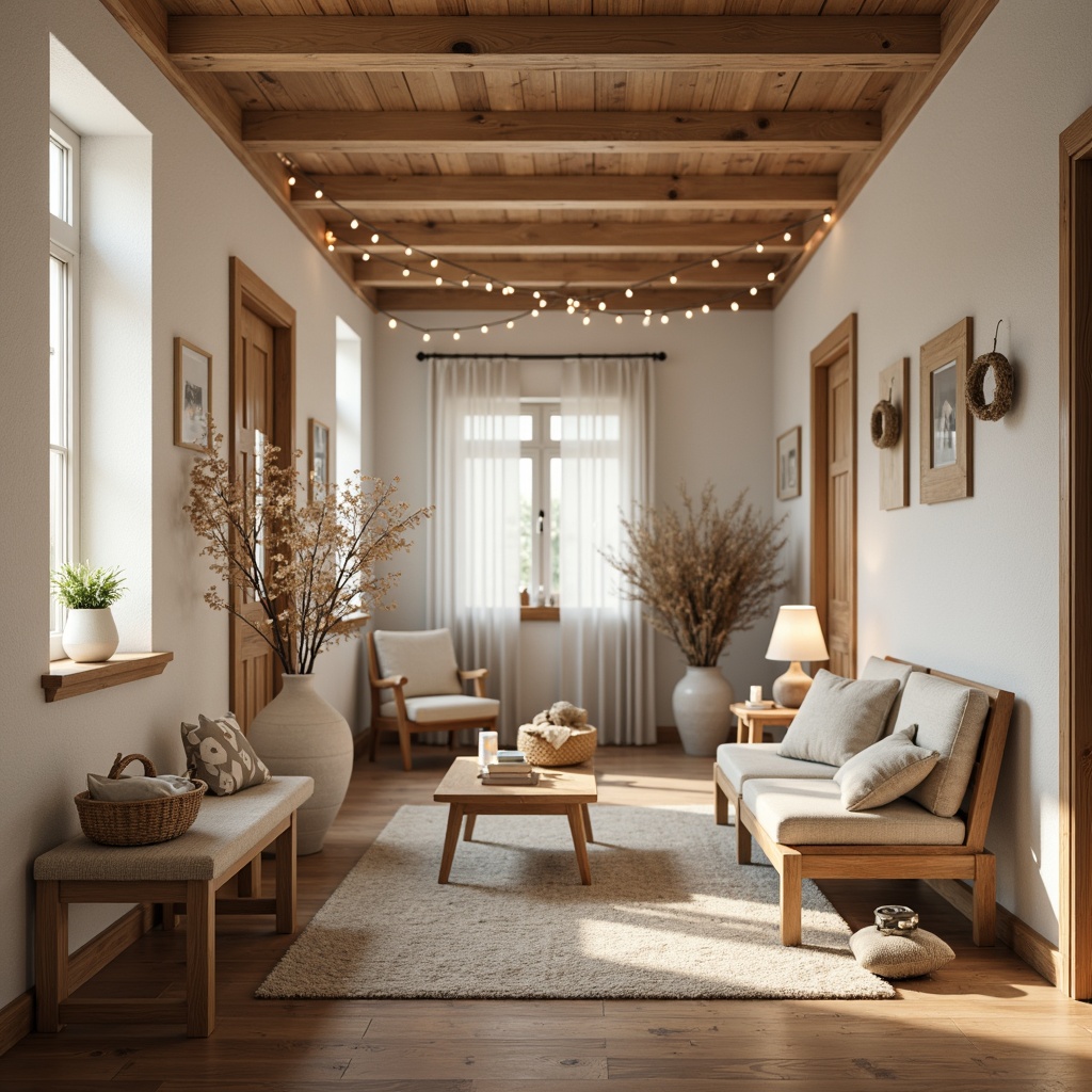 Prompt: Cozy Scandinavian hall, minimalistic decor, natural wood accents, soft warm glow, table lamps, floor lamps, pendant lights, candles, string lights, frosted glass shades, linen fabric, creamy whites, pale woods, subtle textures, ambient lighting, softbox lighting, warm color temperatures, 1/2 composition, shallow depth of field, realistic materials.