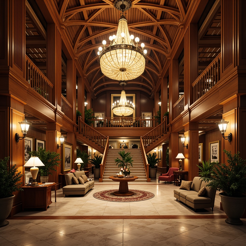 Prompt: Grand foyer, vaulted ceilings, ornate chandeliers, polished marble floors, sweeping staircases, luxurious furnishings, opulent decorations, dramatic lighting, rich wood tones, classic architectural style, symmetrical composition, sense of grandeur, warm inviting atmosphere, soft golden lighting, shallow depth of field.