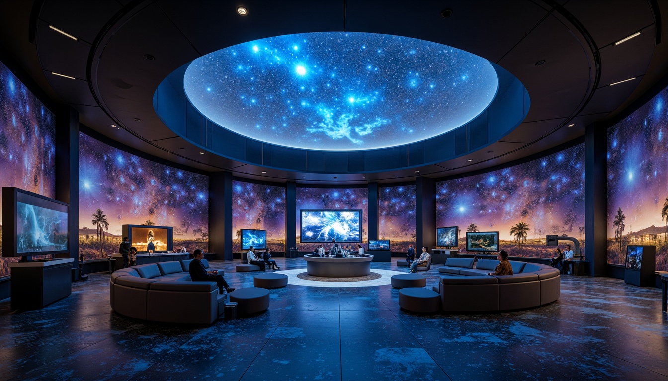 Prompt: Cosmic planetarium interior, textured walls, starry night sky projections, circular seating arrangement, immersive audio equipment, futuristic dome-shaped ceiling, dark blue ambient lighting, nebula-inspired color scheme, galaxy-patterned flooring, interactive astronomy exhibits, educational displays, 3D visualizations, space exploration themes, celestial body models, astronomical instrument replicas, soft warm glow, shallow depth of field, panoramic view, realistic textures, ambient occlusion.