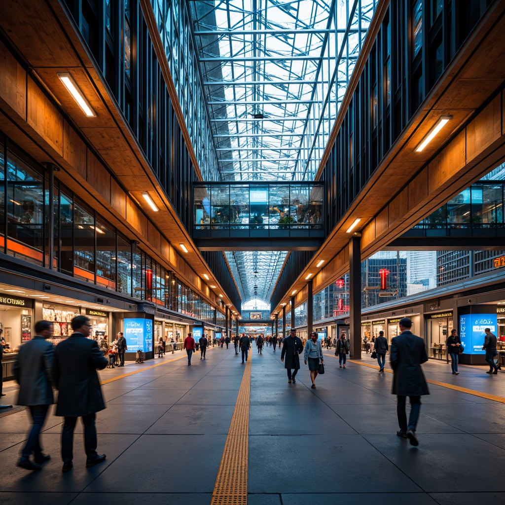 Prompt: Vibrant train station, modern industrial architecture, exposed metal beams, sleek glass roofs, urban cityscape, busy pedestrian traffic, dynamic LED lighting, warm golden accents, rich wood tones, cool gray concrete, bold blue signage, energetic orange highlights, futuristic digital displays, intricate metallic patterns, soft ambient glow, shallow depth of field, 3/4 composition, realistic textures, atmospheric fog.