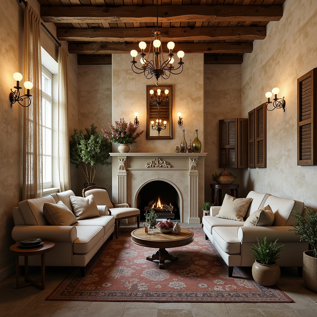 Prompt: Rustic stone walls, distressed wood beams, soft cream-colored stucco, charming shutters, ornate metalwork, elegant chandeliers, vintage furniture pieces, plush velvet fabrics, richly patterned rugs, floral arrangements, delicate lace curtains, warm candlelight, natural linen textiles, earthy terracotta pots, lush greenery, distressed leather accents, aged bronze hardware, soft warm lighting, shallow depth of field, 3/4 composition, romantic ambiance.