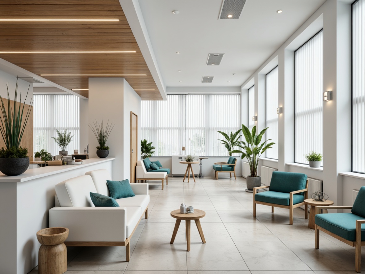 Prompt: Minimalist dental clinic, light-filled waiting area, blonde wood accents, sleek white furniture, Nordic-inspired textiles, calming blue-green color scheme, natural stone floors, floor-to-ceiling windows, modern Scandinavian design, ergonomic chairs, hygienic surfaces, stainless steel equipment, soft diffused lighting, shallow depth of field, 1/1 composition, panoramic view, realistic textures, ambient occlusion.