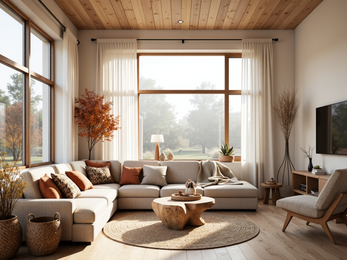 Prompt: Cozy Scandinavian living room, warm wooden accents, minimal ornamentation, large windows, sheer white curtains, soft diffused light, natural textures, woven baskets, plush throw blankets, pale wood flooring, organic shapes, earthy color palette, Nordic-inspired decor, subtle patterns, calm atmosphere, shallow depth of field, 1/1 composition, bright morning sunlight, warm ambient lighting.