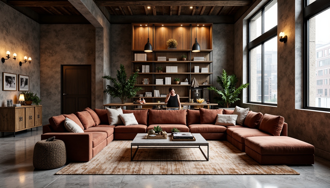 Prompt: Luxurious living room, rich velvet sofas, smooth marble floors, rough-hewn wooden accents, soft cushions, metallic coffee tables, glass chandeliers, natural fiber rugs, industrial metal beams, reclaimed wood walls, bold color blocking, ambient warm lighting, 1/1 composition, shallow depth of field, realistic textures, subtle shadowing.