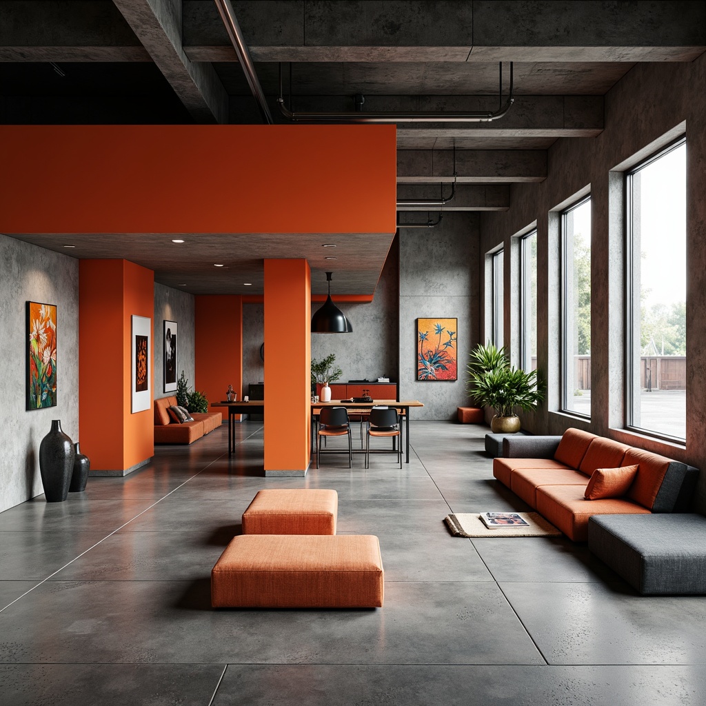 Prompt: Monochromatic Bauhaus interior, bold primary colors, geometric shapes, industrial materials, concrete floors, steel beams, minimalist decor, functional furniture, clean lines, rectangular forms, abstract art pieces, contrasting textures, warm indirect lighting, 1/1 composition, shallow depth of field, realistic reflections, ambient occlusion.