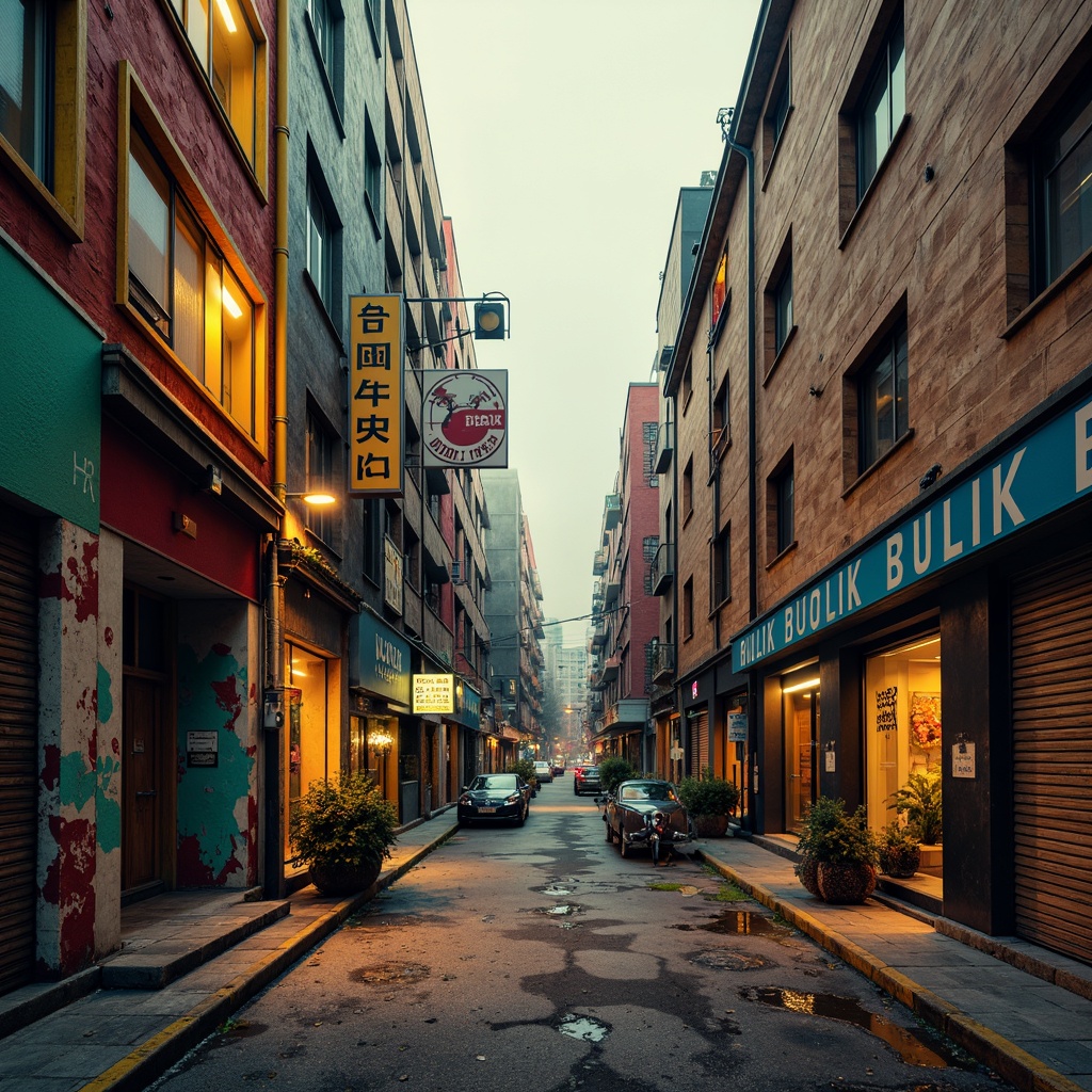 Prompt: Vibrant cityscape, distorted buildings, abstract shapes, bold brushstrokes, rough concrete textures, cracked walls, peeling paint, rusty metal accents, worn wooden planks, faded signage, neon lights, dark alleys, misty atmosphere, warm golden lighting, shallow depth of field, 1/2 composition, cinematic view, high-contrast colors, gritty film grain.