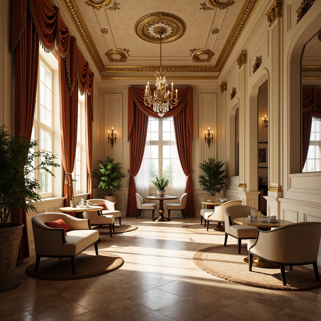 Prompt: Richly ornate Rococo breakfast nook, warm beige marble flooring, intricate inlaid wood patterns, soft cream-colored walls, ornate gold moldings, luxurious velvet drapes, delicate crystal chandeliers, intimate seating areas, plush area rugs, natural stone accents, subtle sheen finish, elegant archways, warm morning lighting, 1/2 composition, atmospheric rendering.