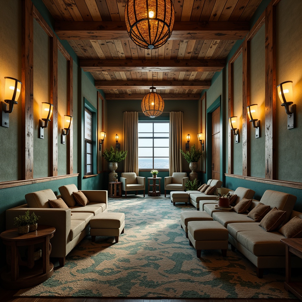 Prompt: Coastal cinema interior, warm golden lighting, ocean-inspired sconces, rustic wooden fixtures, nautical-themed pendant lights, driftwood accents, sea-glass chandeliers, soft blue-green hues, beachy textures, natural linen shades, woven rattan details, distressed metal finishes, vintage marine lanterns, cinematic ambiance, dramatic shadowing, warm color temperatures, cozy seating areas, plush velvet fabrics, ocean-view windows, subtle wave patterns.