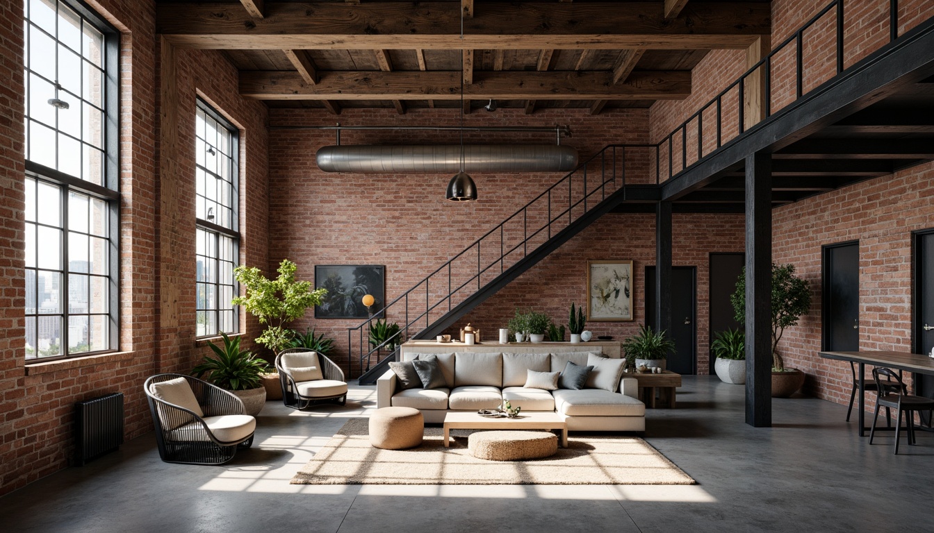 Prompt: Exposed brick walls, metal beams, reclaimed wood accents, polished concrete floors, industrial-style lighting fixtures, sleek steel staircases, minimalist decor, urban loft atmosphere, natural light pouring in through large windows, modern functional layout, open-plan living space, distressed textures, edgy architectural details, brutalist-inspired design, converted warehouse ambiance, eclectic mix of vintage and contemporary furniture, moody color palette, dramatic shadow play, high-contrast lighting, 3/4 composition, realistic render.