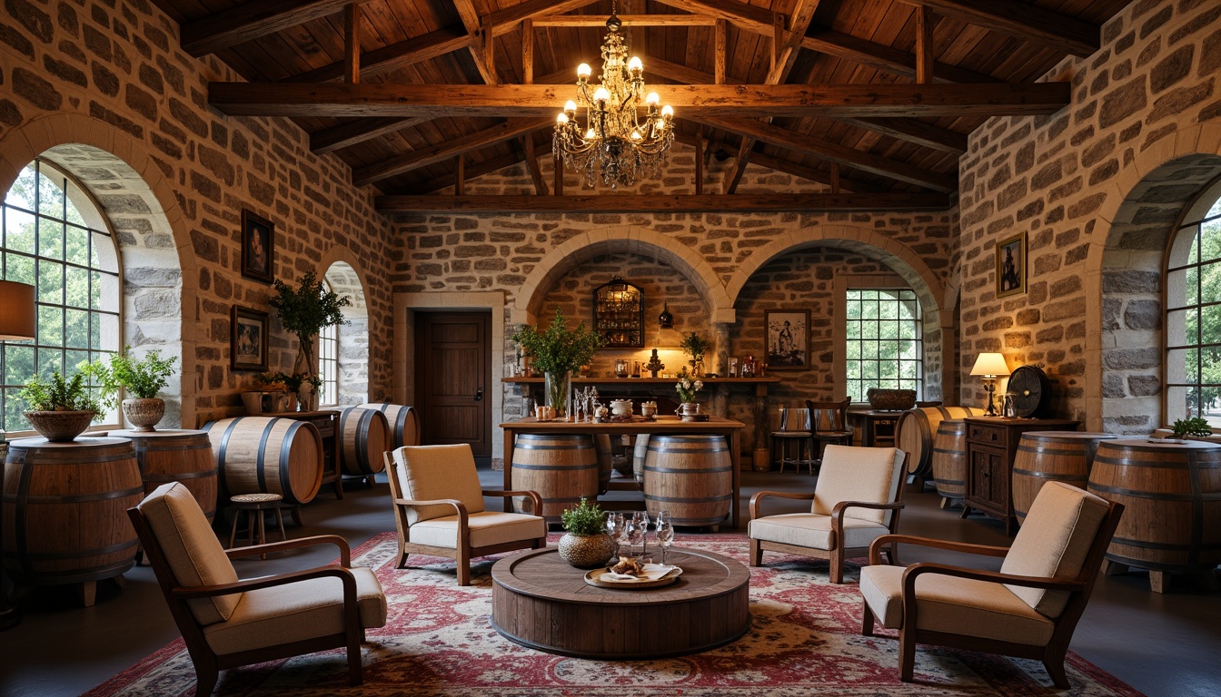 Prompt: Rustic winery, stone walls, wooden barrels, vintage wine-making equipment, rich wood tones, earthy color palette, classic archways, ornate metalwork, elegant chandeliers, refined furniture, lavish textiles, soft warm lighting, shallow depth of field, 3/4 composition, realistic textures, ambient occlusion.