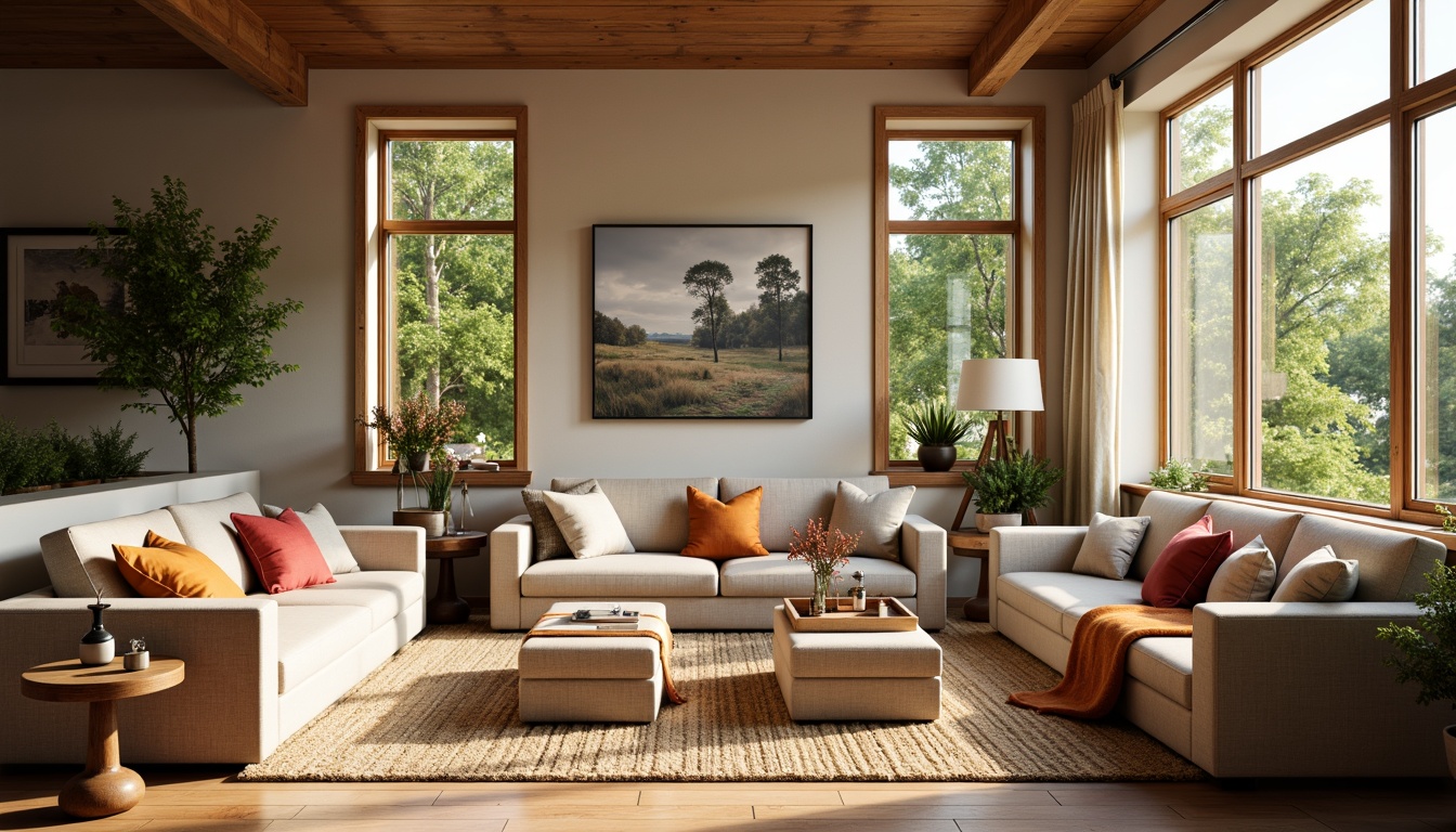 Prompt: Cozy living room, plush sofas, comfortable armchairs, ergonomic stools, wooden coffee tables, vibrant throw pillows, soft blankets, natural fiber rugs, warm beige walls, large windows, abundant sunlight, shallow depth of field, 3/4 composition, realistic textures, ambient occlusion.