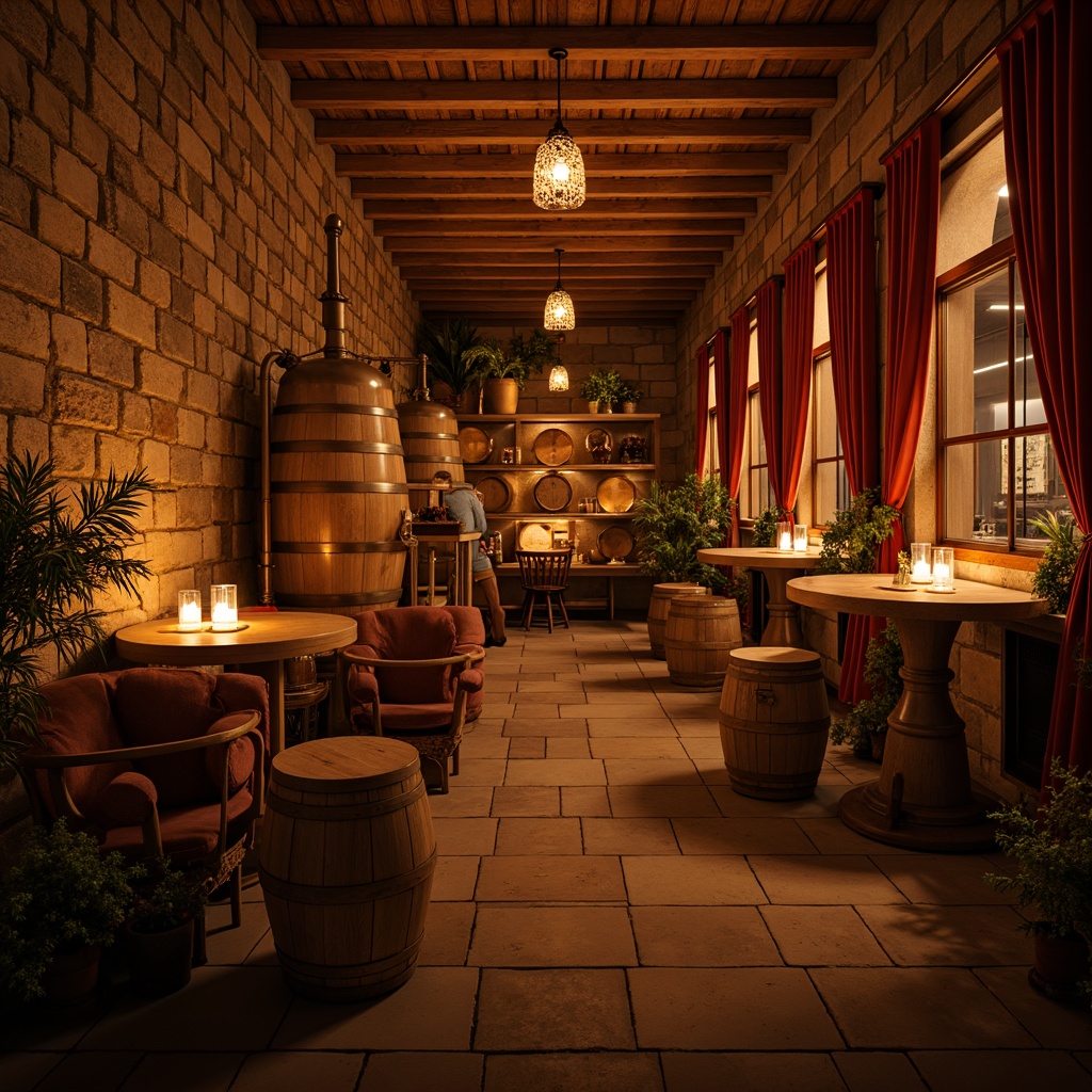 Prompt: Cozy winery interior, warm golden lighting, rustic wooden barrels, vintage wine-making equipment, earthy stone walls, rich velvet drapes, intimate seating areas, soft candlelit tables, dimly lit cellar atmosphere, ambient glow, warm color palette, relaxed mood, natural textures, classic architectural details, ornate metalwork, lavish furnishings, sophisticated decor, romantic ambiance, low-key lighting, dramatic shadows, 1/2 composition, shallow depth of field, realistic rendering.