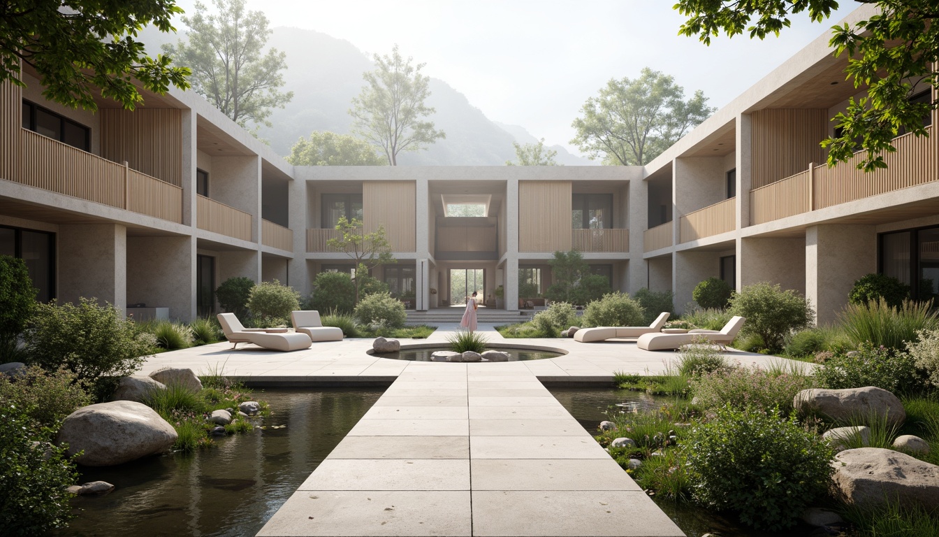 Prompt: Serenely landscaped courtyard, tranquil water features, minimalist monastery architecture, clean lines, simple geometries, neutral color palette, natural stone flooring, wooden accents, subtle textures, atmospheric mist, soft diffused lighting, shallow depth of field, 2/3 composition, panoramic view, realistic renderings, ambient occlusion, lush greenery, gentle streams, peaceful ambiance, contemplative atmosphere.