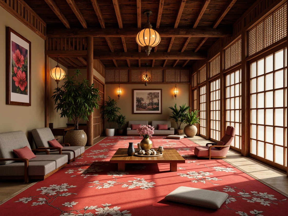 Prompt: Intricate wooden carvings, rich silk fabrics, ornate ceramics, natural stone walls, bamboo accents, traditional tatami mats, sliding shoji doors, paper lanterns, warm soft lighting, subtle shadows, 1/1 composition, realistic textures, ambient occlusion, Asian-inspired motifs, vibrant red colors, golden metallic accents, delicate cherry blossom patterns.