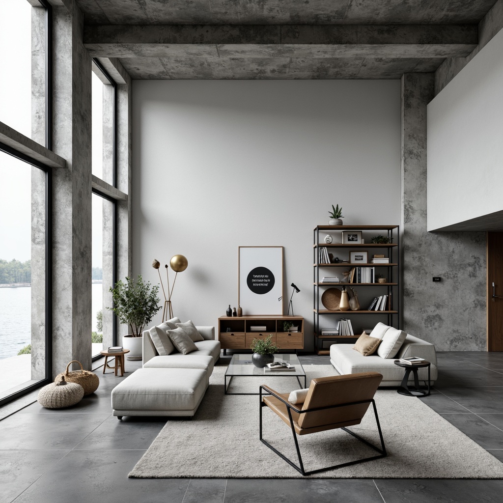 Prompt: Minimalist living room, industrial concrete floors, monochromatic color scheme, sleek metal furniture, geometric shapes, functional decor, abundant natural light, floor-to-ceiling windows, open-plan layout, modular shelving units, minimalist artwork, bold typography, modernist architecture, 1/1 composition, softbox lighting, subtle shadows, realistic textures.