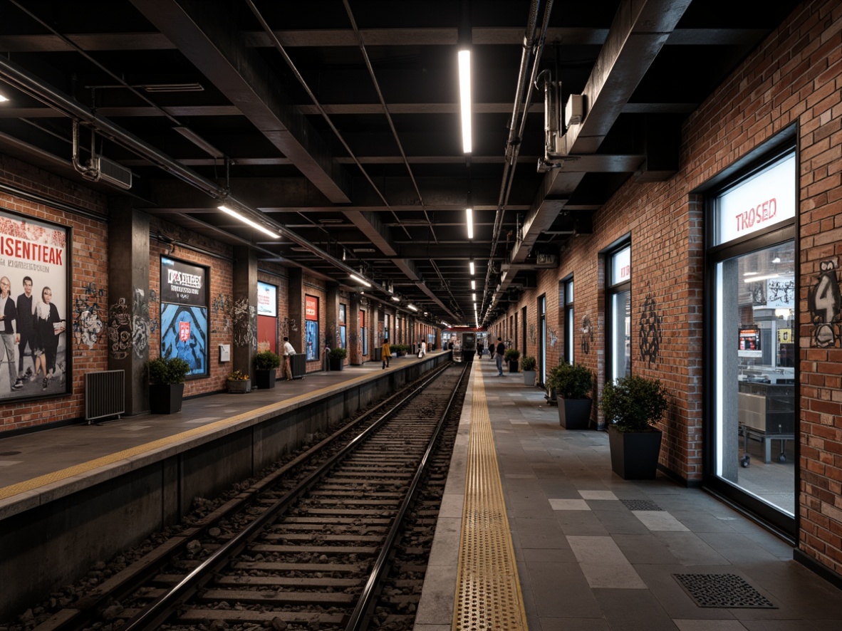 Prompt: Exposed brick walls, industrial-style lighting fixtures, metal beams, distressed concrete floors, urban graffiti, bustling metropolitan atmosphere, modern train tracks, sleek subway trains, LED signage, dynamic advertising displays, busy pedestrian traffic, city sounds, gritty urban textures, high-contrast lighting, 1/1 composition, cinematic camera angles, realistic reflections.