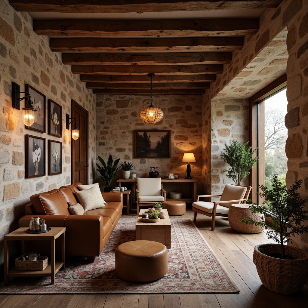 Prompt: Cozy hospitality interior, warm wood accents, rustic stone walls, earthy color palette, plush furnishings, natural textiles, woven baskets, wooden beams, vintage metal fixtures, distressed wood flooring, rich leather upholstery, soft candle lighting, warm tone color scheme, 1/1 composition, shallow depth of field, realistic wood textures, ambient occlusion.