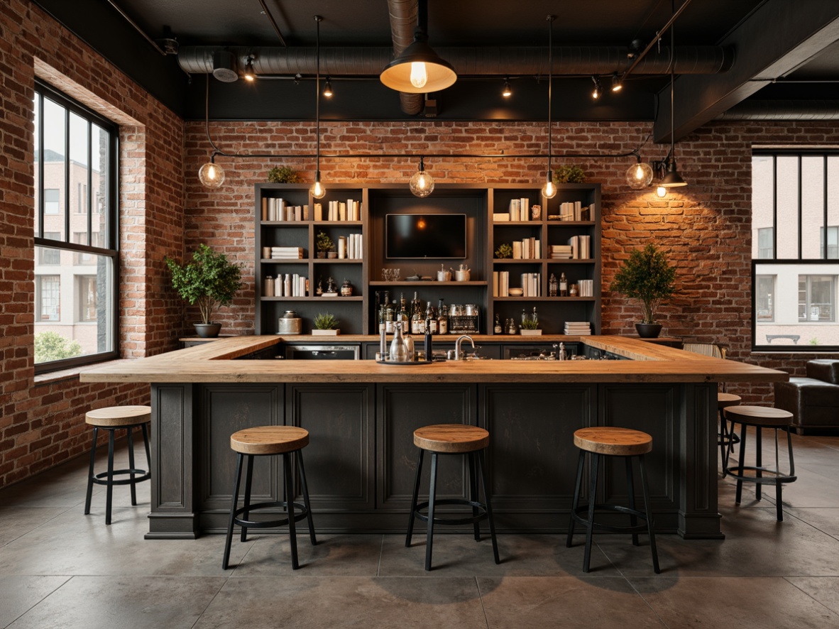 Prompt: Rustic industrial home bar, reclaimed wood countertops, metal stools, Edison bulb lighting, exposed brick walls, polished concrete floors, modern minimalist decor, geometric patterns, distressed finishes, rich leathers, urban loft atmosphere, warm ambient glow, shallow depth of field, 1/2 composition, realistic textures.