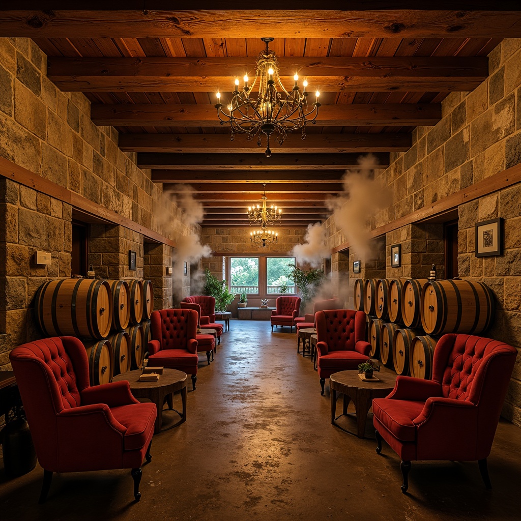 Prompt: Cozy winery interior, rustic wooden barrels, dimmed warm lighting, soft golden glow, vintage wine bottles, rich wood textures, earthy stone walls, intimate seating areas, plush velvet furniture, ornate metal chandeliers, atmospheric fog effects, shallow depth of field, 1/2 composition, warm color palette, soft focus, natural ambiance, relaxing atmosphere, elegant decor, sophisticated mood.