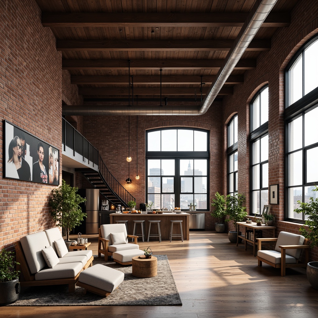 Prompt: Industrial chic loft interior, exposed brick walls, metal beams, wooden floorboards, minimalist decor, modern furniture pieces, eclectic artwork, cozy reading nooks, abundant natural light, large windows, urban cityscape views, soft warm lighting, shallow depth of field, 3/4 composition, realistic textures, ambient occlusion, open-plan living area, functional kitchen island, stainless steel appliances, reclaimed wood accents, Edison bulb fixtures, industrial-style metal stairs, cozy bedroom retreats, plush area rugs.