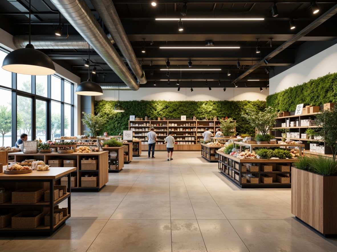 Prompt: Minimalist grocery store interior, soft warm lighting, natural daylight, subtle LED strips, recessed ceiling lights, pendant lamps, industrial metal shelving, concrete floors, exposed ductwork, neutral color palette, clean lines, simple signage, abundant greenery, living walls, modern product displays, wooden crates, metal baskets, elegant typography, shallow depth of field, 1/1 composition, realistic textures, ambient occlusion.