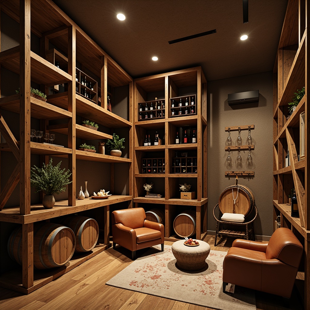 Prompt: Cozy wine cellar, reclaimed wood shelves, rustic metal frames, dimmable warm lighting, earthy tone walls, rich leather armchairs, vintage wine barrels, floor-to-ceiling storage, diagonal display racks, curved corner shelves, wall-mounted wine glass holders, modern minimalist decor, soft ambient glow, shallow depth of field, 2/3 composition, realistic wood textures, subtle wine-themed accessories.