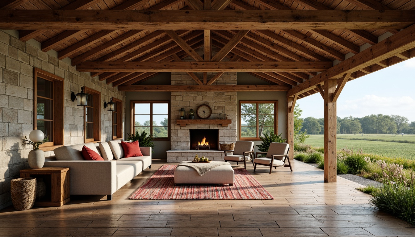 Prompt: Rustic wooden beams, distressed textures, vintage metal fixtures, earthy color palette, natural stone walls, reclaimed wood flooring, cozy fireplace, plush furnishings, soft warm lighting, shallow depth of field, 3/4 composition, panoramic view, realistic textures, ambient occlusion, farmhouse elegance, country charm, rural landscape, rolling hills, green pastures.