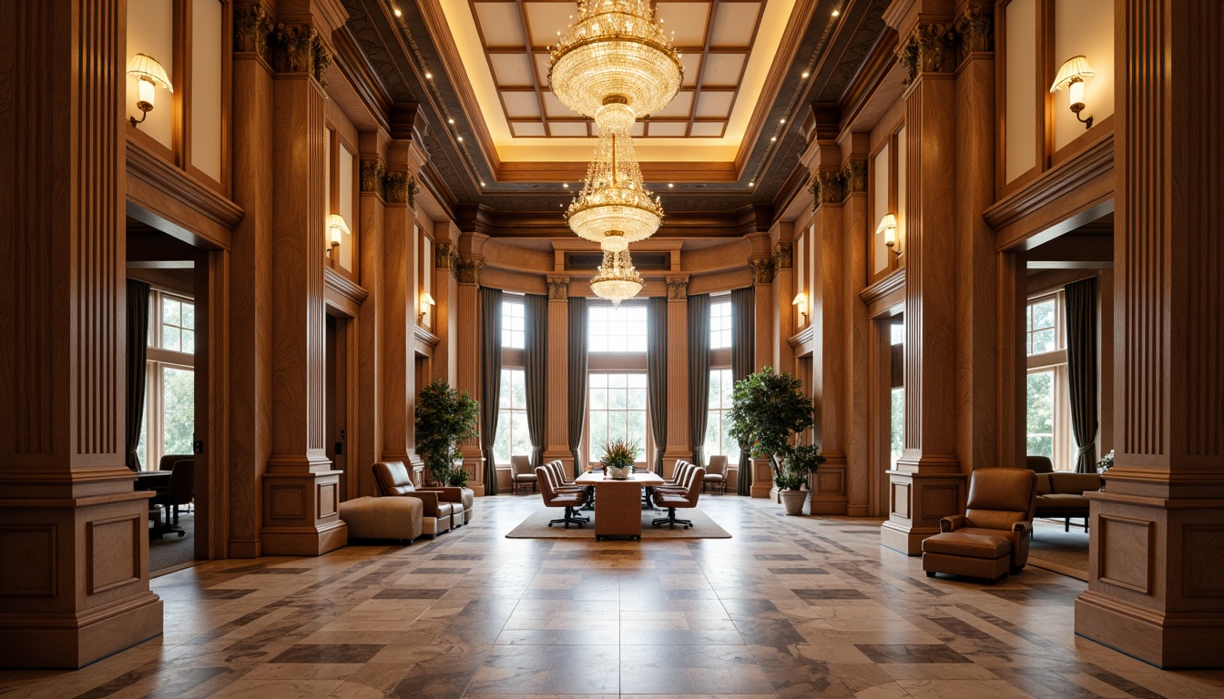 Prompt: Elegant office building, neoclassical facade, grand entrance, ornate columns, Corinthian capitals, polished marble floors, rich wood paneling, luxurious chandeliers, high ceilings, symmetrical composition, warm golden lighting, shallow depth of field, 1/1 aspect ratio, realistic textures, ambient occlusion, sophisticated business atmosphere, executive offices, conference rooms, formal meeting spaces, lavish furnishings, intricate moldings, refined architectural details.