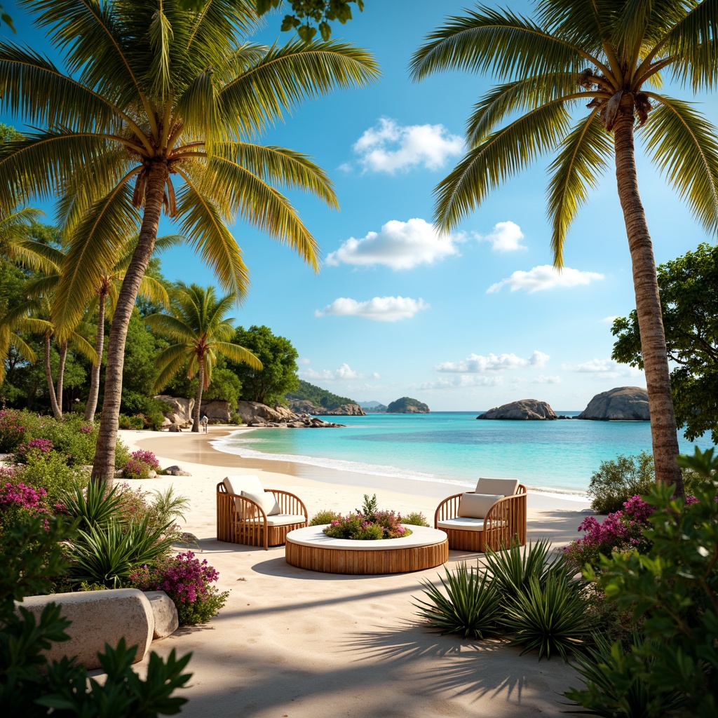 Prompt: Vibrant tropical landscape, swaying palm trees, exotic flowers, warm sandy beach, crystal-clear turquoise water, refreshing ocean breeze, colorful coral reefs, lush green foliage, woven rattan furniture, natural wicker textures, bright sunny day, soft golden lighting, shallow depth of field, 1/1 composition, realistic renderings, ambient occlusion.