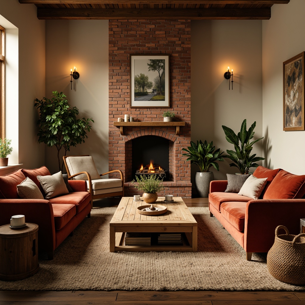 Prompt: Cozy living room, plush velvet sofas, reclaimed wood coffee tables, vintage armchairs, soft golden lighting, warm beige walls, rustic brick fireplace, woven wicker baskets, lush green plants, natural fiber rugs, comfortable throw pillows, rich walnut wood accents, elegant marble side tables, ambient candlelight, shallow depth of field, 1/2 composition, realistic textures.