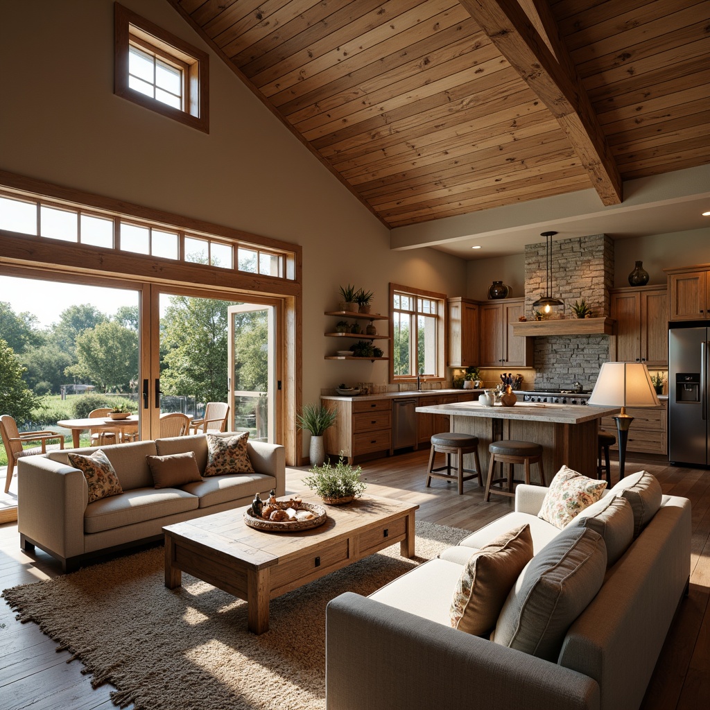 Prompt: Cozy farmhouse living room, vintage decor, rustic wooden accents, plush sofas, natural stone fireplace, warm lighting, soft textiles, country-inspired color palette, functional layout, open-plan kitchen, wooden cabinets, farmhouse sink, modern appliances, granite countertops, spacious dining area, wooden table, comfortable chairs, sliding glass doors, scenic countryside views, lush greenery, sunny day, shallow depth of field, 1/1 composition, realistic textures, ambient occlusion.