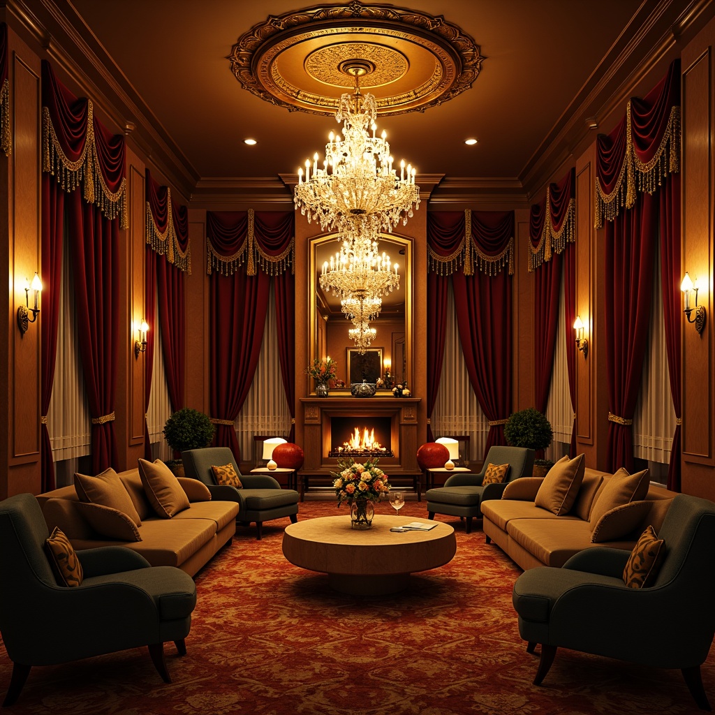 Prompt: Luxurious interior, crystal chandeliers, warm golden lighting, ornate metal fixtures, velvet drapes, rich wood paneling, cozy fireplace, plush furnishings, soft carpeting, ambient shadows, 1/2 composition, warm color palette, realistic reflections, subtle glow.