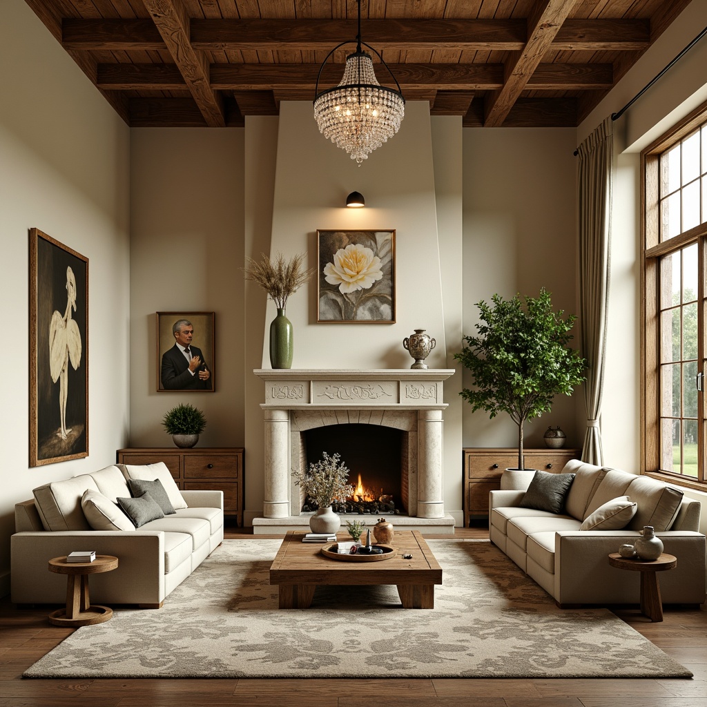 Prompt: Warm beige walls, rich wood tones, soft sage green accents, creamy whites, subtle gray undertones, luxurious velvet fabrics, natural stone fireplaces, elegant crystal chandeliers, plush area rugs, comfortable sectional sofas, ornate wooden coffee tables, vintage decorative accessories, sophisticated window treatments, abundant natural light, 1/2 composition, warm golden lighting, realistic textures, ambient occlusion.