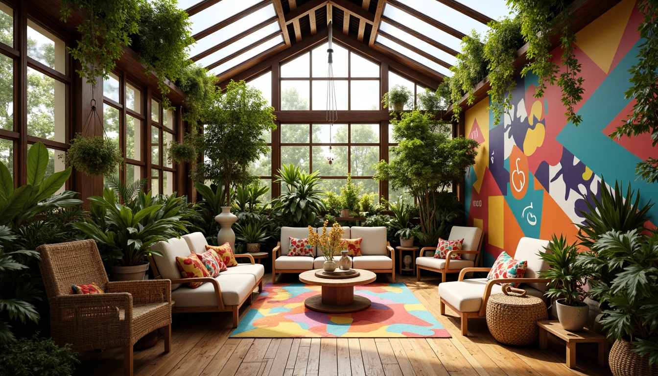 Prompt: Vibrant sunroom, lush greenery, eclectic furniture, abstract sculptures, colorful textiles, playful patterns, whimsical decorations, warm natural lighting, clerestory windows, skylights, bamboo flooring, woven baskets, rattan chairs, hanging plants, artistic murals, bold brushstrokes, expressive colors, soft focus, shallow depth of field, 1/2 composition, atmospheric perspective, dreamy ambiance.