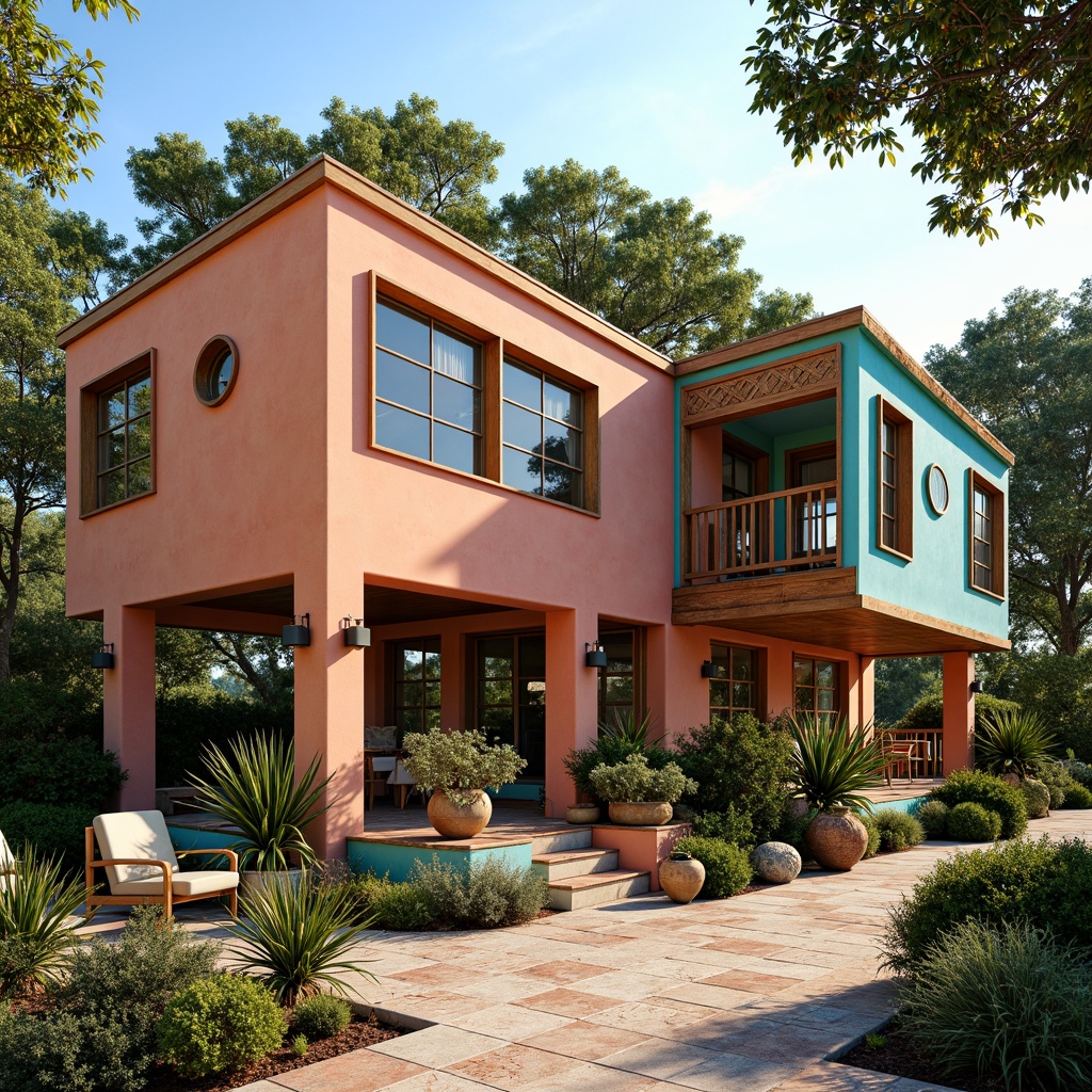 Prompt: Vibrant eclectic house, bold color blocking, pastel hues, rich jewel tones, warm earthy shades, distressed wood accents, vintage decorative trims, ornate metal fixtures, playful pattern mixing, Moroccan-inspired tiles, lush greenery, whimsical garden ornaments, natural stone pathways, sunny day, soft warm lighting, shallow depth of field, 1/2 composition, intimate camera angle, realistic textures, ambient occlusion.