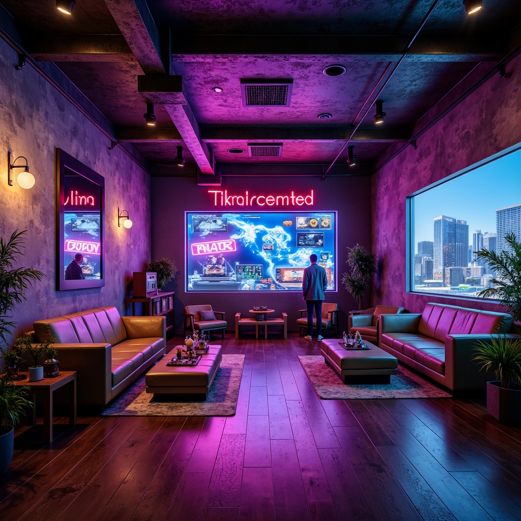 Prompt: Cozy game room, vibrant neon lights, futuristic console stations, comfortable couches, rustic wooden flooring, urban industrial decor, exposed brick walls, metal beams, minimalist shelves, avant-garde artwork, immersive VR zones, interactive gaming tables, dynamic LED lighting, shallow depth of field, 2/3 composition, cinematic atmosphere, realistic textures, ambient occlusion.