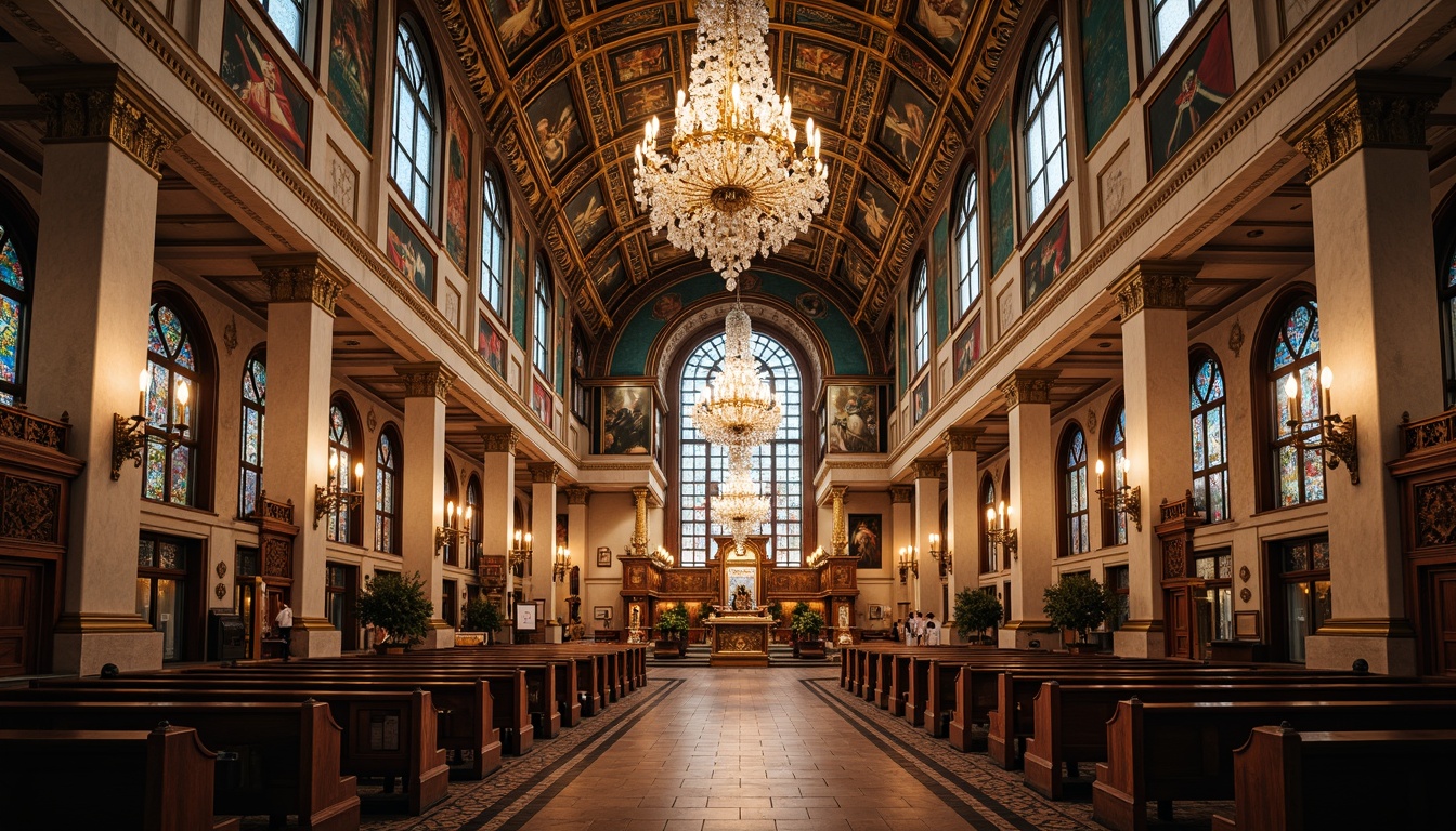 Prompt: Elegant cathedral interior, ornate chandeliers, crystal droplets, gold leaf accents, intricately carved wooden pews, stained glass windows, vibrant colorful murals, high ceilings, grandiose architecture, traditional classicism style, warm soft lighting, subtle shadows, ornate metalwork, decorative lanterns, symmetrical composition, realistic textures, ambient occlusion.