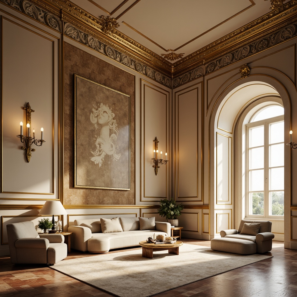 Prompt: Elegant classical interior, rich wood tones, warm beige walls, soft cream accents, ornate gold details, intricate moldings, luxurious velvet fabrics, subtle silk textures, refined marble floors, crystal chandeliers, natural light pouring in, soft focus, shallow depth of field, 1/1 composition, realistic render, ambient occlusion.