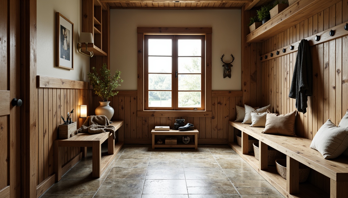 Prompt: Rustic mudroom, natural stone flooring, earthy tones, waterproof surfaces, slip-resistant textures, wooden accents, cozy atmosphere, warm lighting, functional storage, built-in benches, hooks for outdoor gear, durable materials, easy-to-clean design, practical layout, farmhouse-inspired decor, nature-inspired colors.