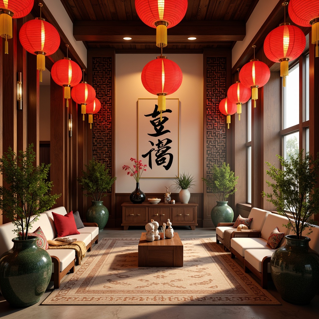 Prompt: Vibrant red lanterns, warm golden lighting, rich wooden accents, intricately carved furniture, traditional Chinese motifs, bold black calligraphy, elegant cream walls, subtle jade greenery, ornate metalwork, luxurious silk fabrics, delicate porcelain vases, majestic dragon sculptures, serene Buddha statues, soft misty atmosphere, shallow depth of field, 2/3 composition, warm color harmony, realistic textures.